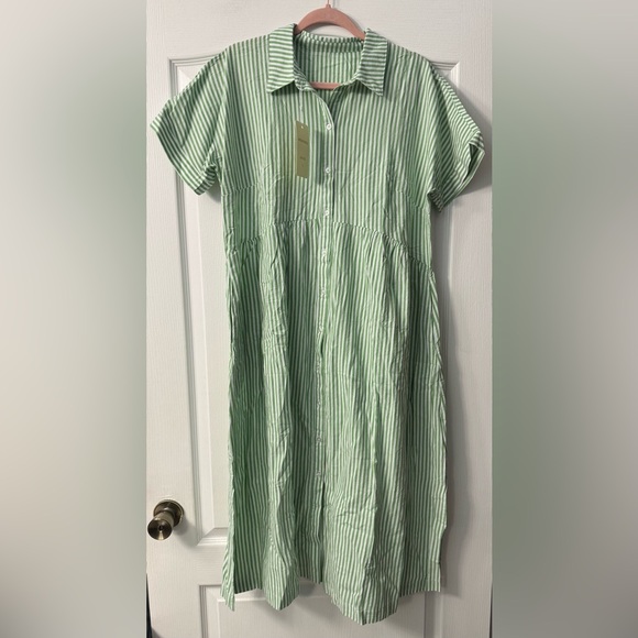 ebossy Boho Striped Button Up Side Slit Mid Long Cotton Shirt Dress with Pockets - Picture 5 of 16